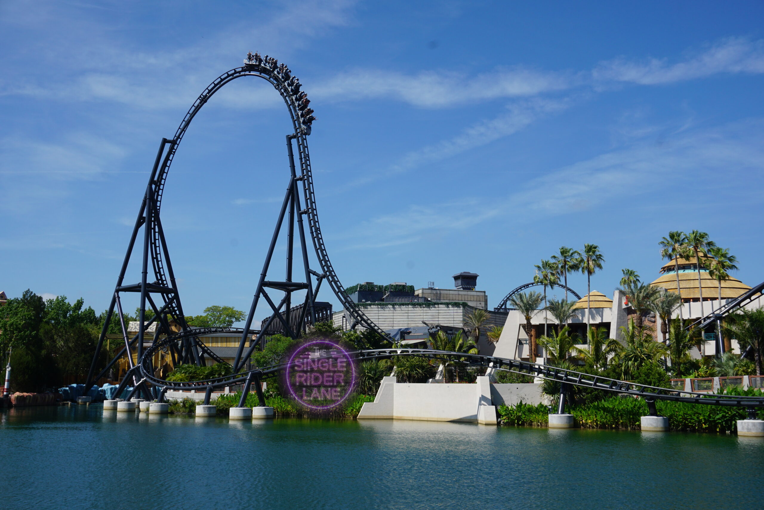 VelociCoaster on the edge of the lagoon at Islands of Adventure.